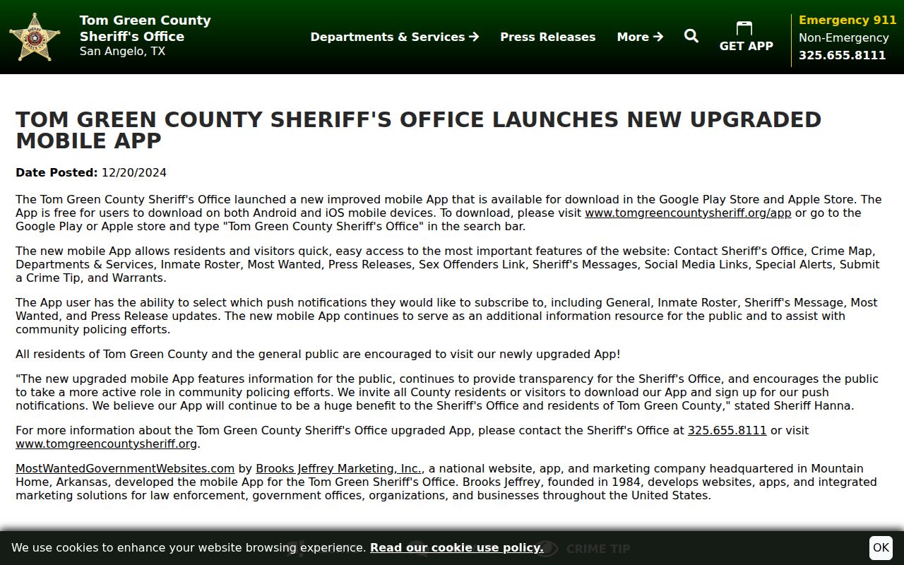 Tom Green County Sheriff warrant app announcement