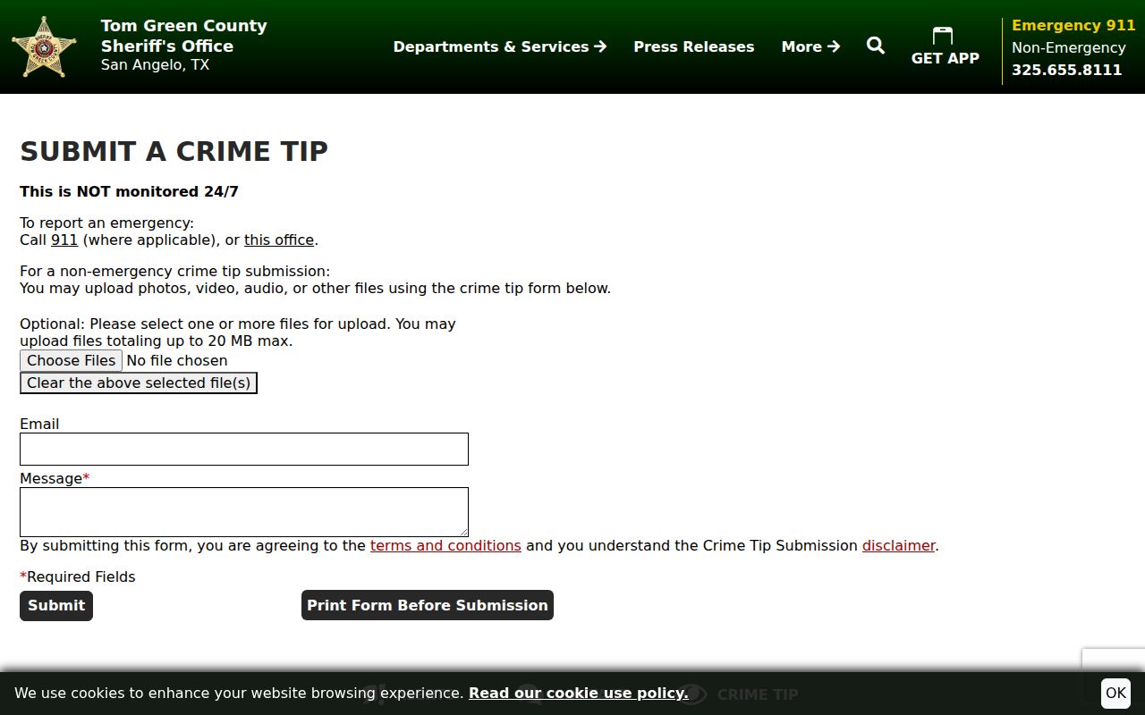Tom Green County Sheriff crime-tip form for wanted warrant information