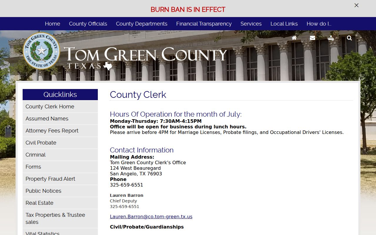 Tom Green County Clerk records contact for active warrant follow-up