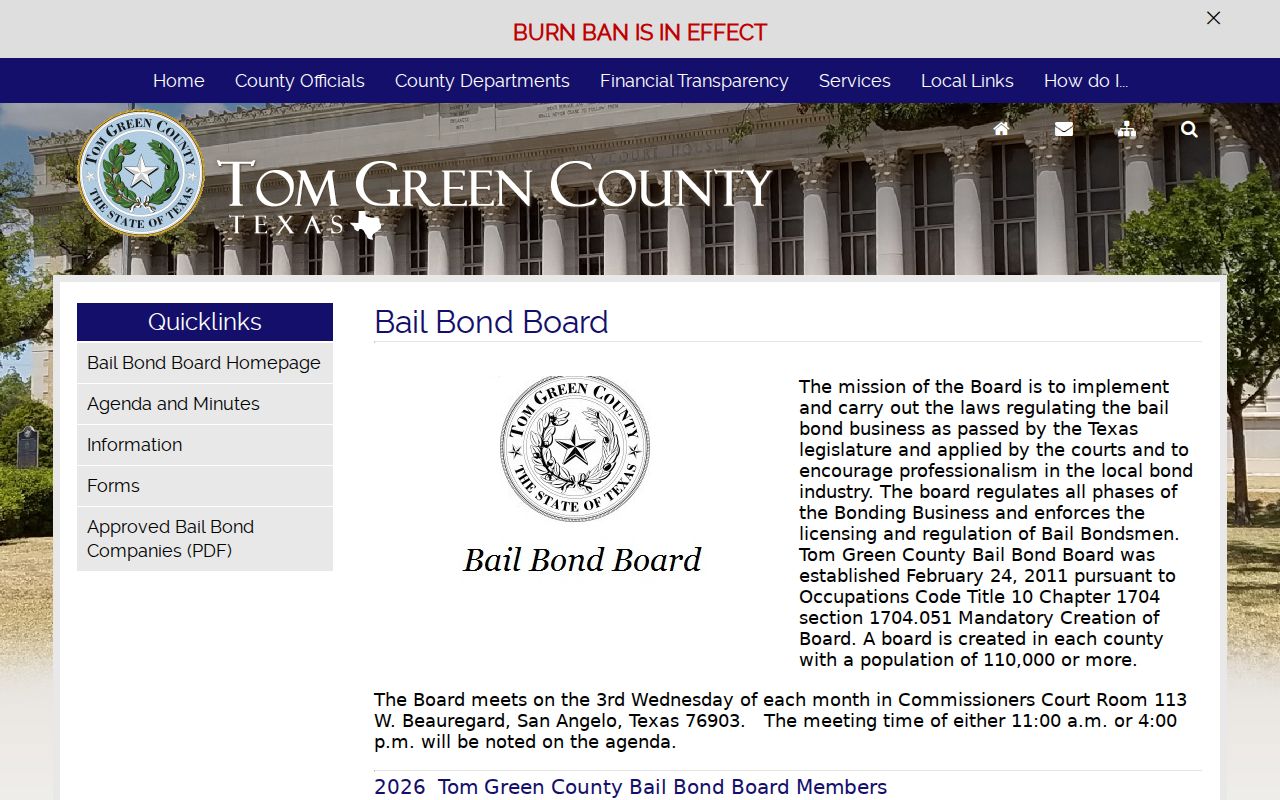 Tom Green County Bail Bond Board information for arrest warrant bonds