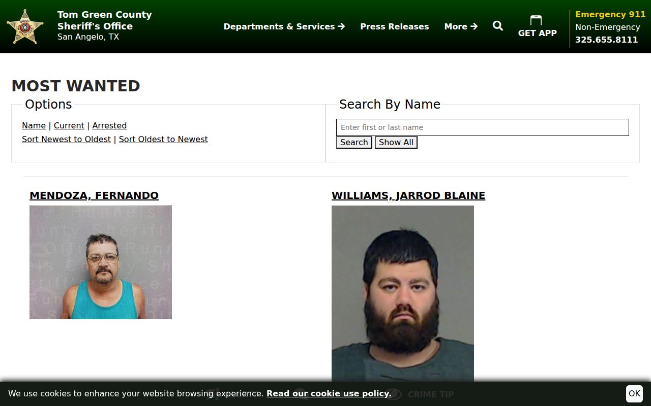 Tom Green County Sheriff Most Wanted warrant records interface