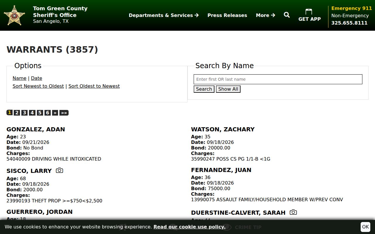 Tom Green County warrant search name field and controls
