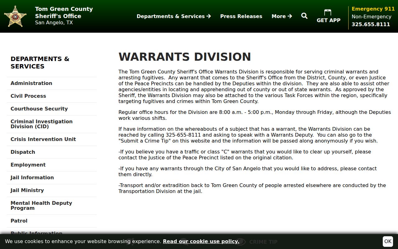Tom Green County Sheriff warrant division information