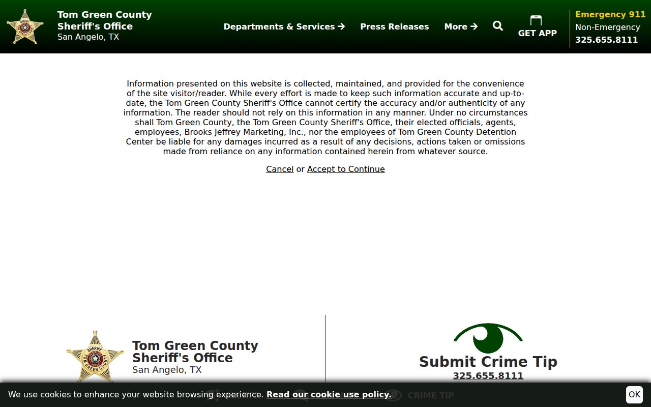 Tom Green County warrant list disclaimer screen